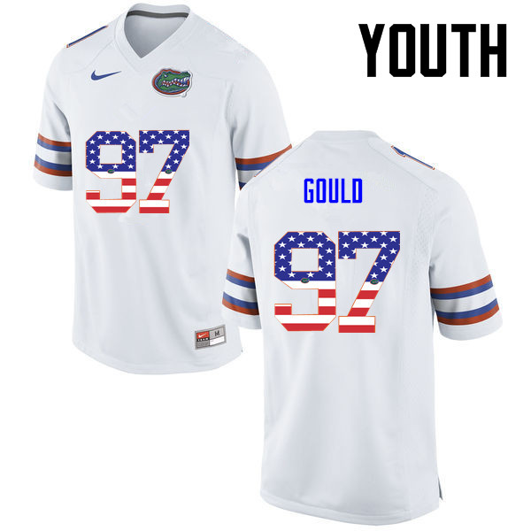 Youth Florida Gators #97 Jon Gould College Football USA Flag Fashion Jerseys-White - Click Image to Close